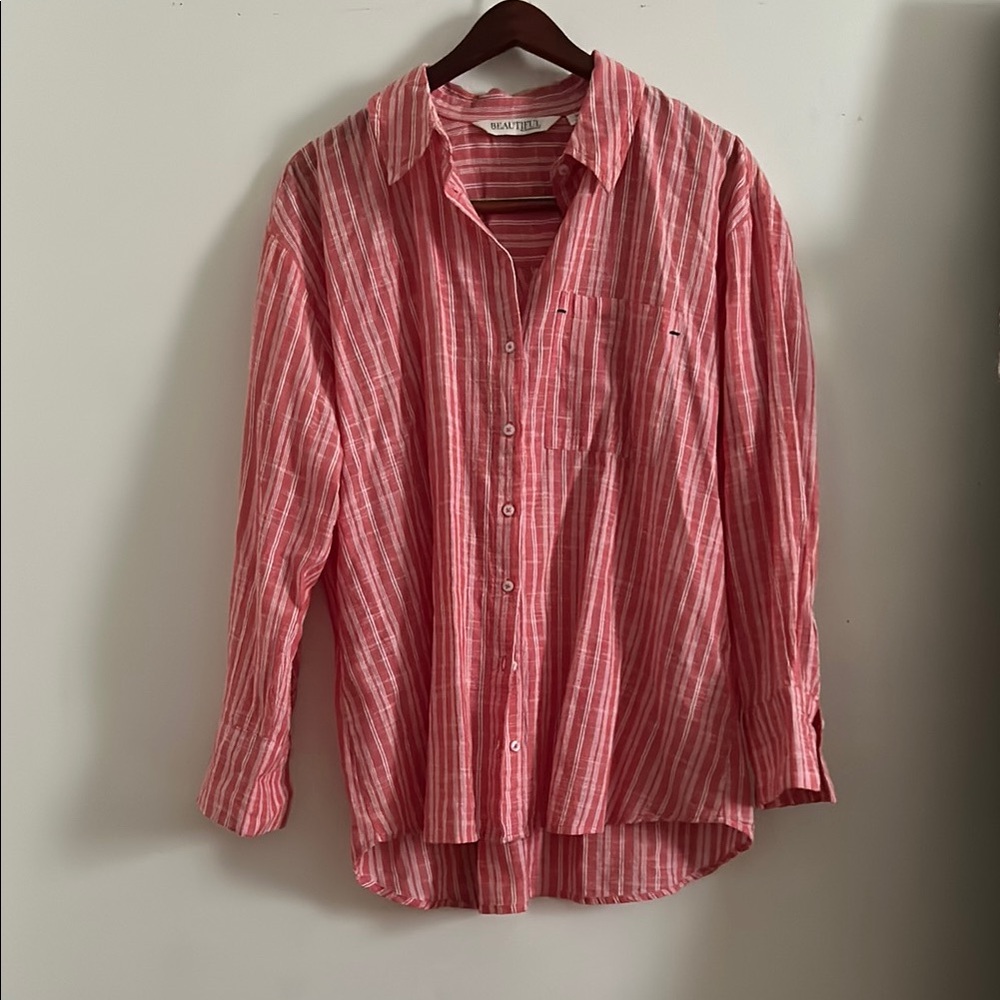 Red and white striped button down top